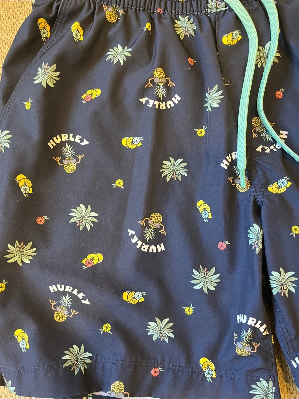 Hurley Navy Pineapple & Palm Swim Shorts with Teal Drawstring